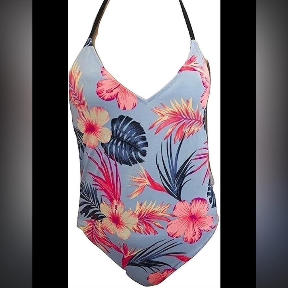 PINK Victoria’s Secret Neon Tropical Floral Halter One Piece Swimsuit Large